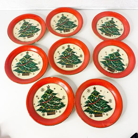 Vtg Paper Mache Christmas Tree Coasters Japan Alcohol Proof MCM Kitschy Set of 8 - Picture 2 of 4